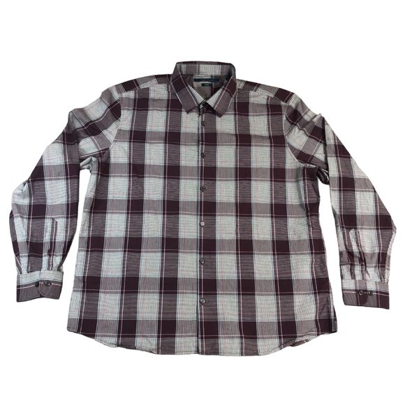 Perry Ellis Shirt Mens 2Xlarge Gray Plaid Oxford Slim‎ Stretch Preppy Button Up - Picture 1 of 8